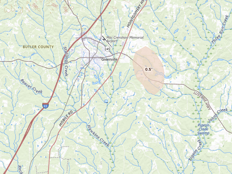 Radar-estimated hail-size map of the storm over Greenville, AL on Jul 27, 2026