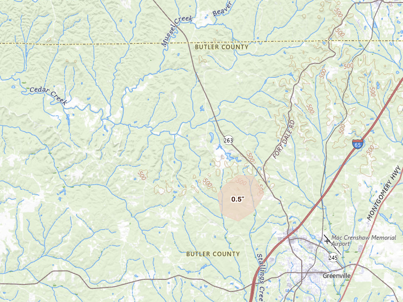 Radar-estimated hail-size map of the storm over Greenville, AL on Aug 9, 2026