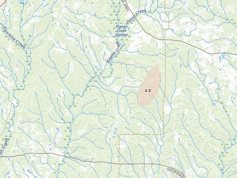 Radar-estimated hail-size map of the storm over Greenville, AL on Aug 15, 2026