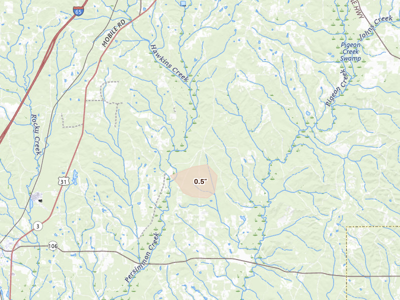 Radar-estimated hail-size map of the storm over Greenville, AL on Aug 19, 2026