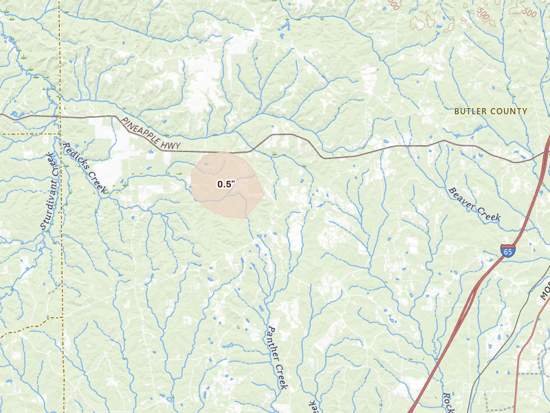 Radar-estimated hail-size map of the storm over Greenville, AL on Aug 24, 2026