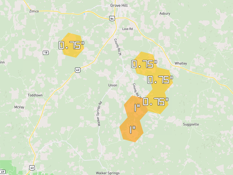 Hail map of Grove Hill, AL on Jul 1, 2026, hail up to 1"