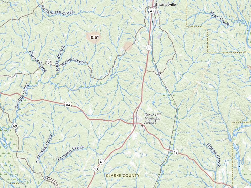 Radar-estimated hail-size map of the storm over Grove Hill, AL on Jul 6, 2026