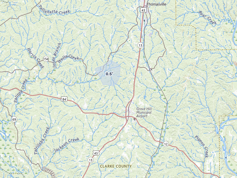 NEXRAD radar-signature map of the hail storm over Grove Hill, AL on Jul 12, 2026