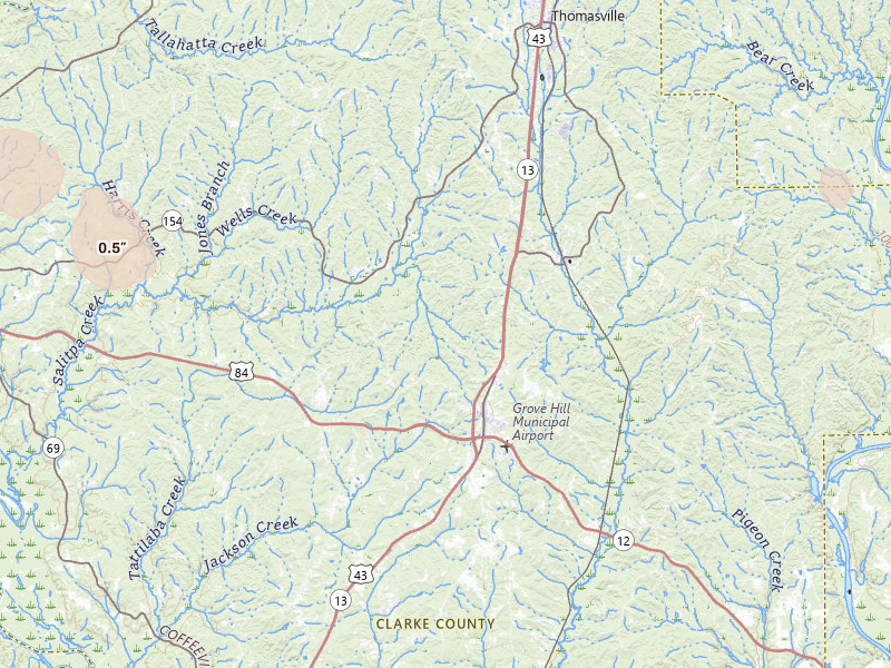 Radar-estimated hail-size map of the storm over Grove Hill, AL on Jul 31, 2026