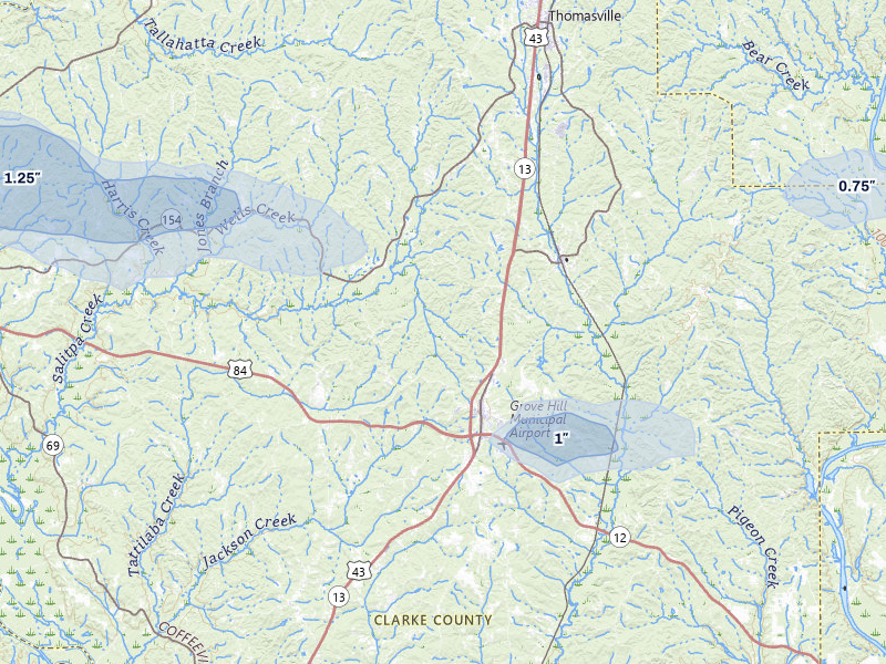 NEXRAD radar-signature map of the hail storm over Grove Hill, AL on Jul 31, 2026