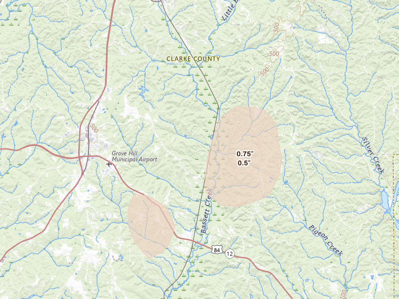 Radar-estimated hail-size map of the storm over Grove Hill, AL on Aug 19, 2026