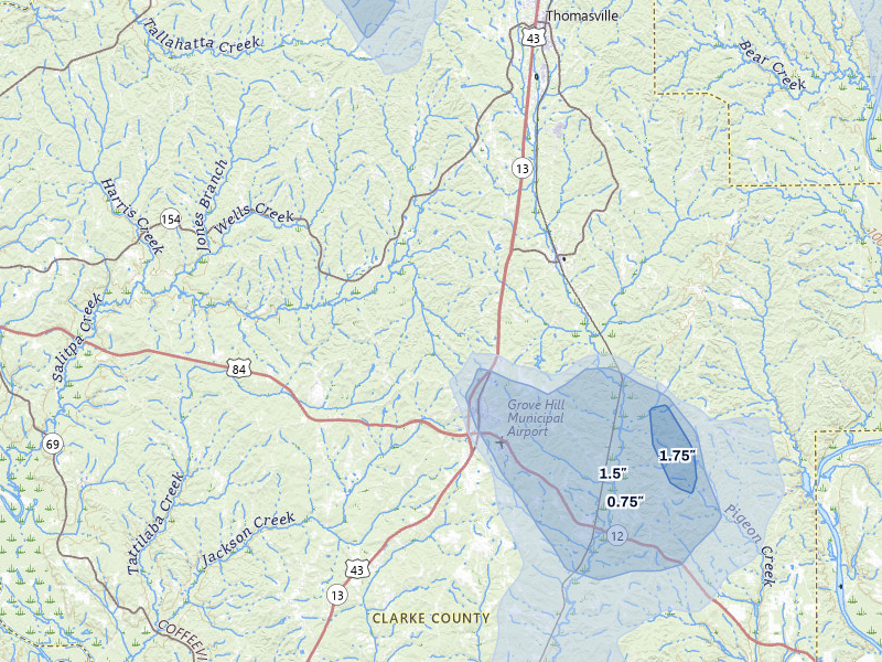 NEXRAD radar-signature map of the hail storm over Grove Hill, AL on Aug 19, 2026