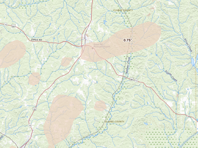 Radar-estimated hail-size map of the storm over Grove Hill, AL