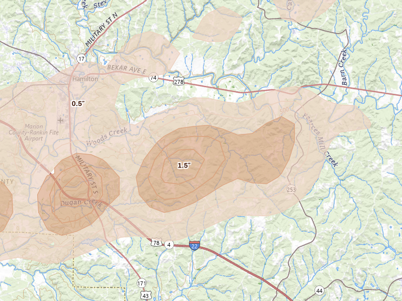 Radar-estimated hail-size map of the storm over Guin, AL on Apr 28, 2026