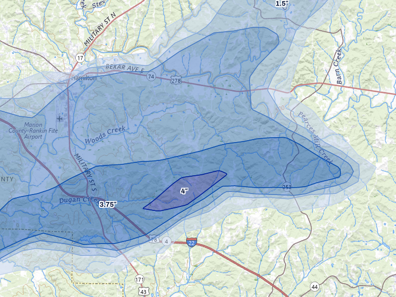 NEXRAD radar-signature map of the hail storm over Guin, AL on Apr 28, 2026
