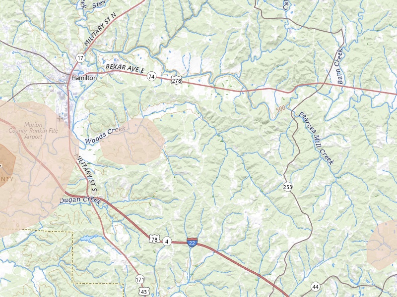 Radar-estimated hail-size map of the storm over Guin, AL on Jun 1, 2026