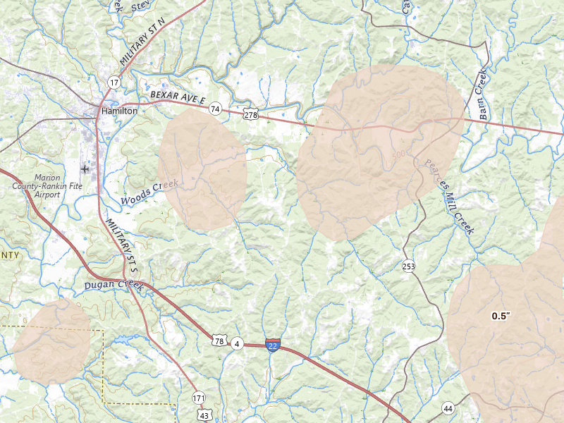 Radar-estimated hail-size map of the storm over Guin, AL on Jul 1, 2026