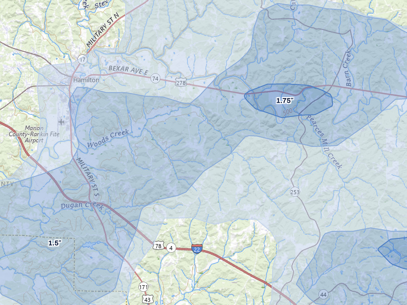 NEXRAD radar-signature map of the hail storm over Guin, AL on Jul 1, 2026