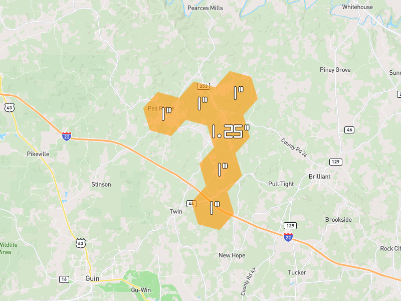 Hail map of Guin, AL on Jul 4, 2026, hail up to 1.25"