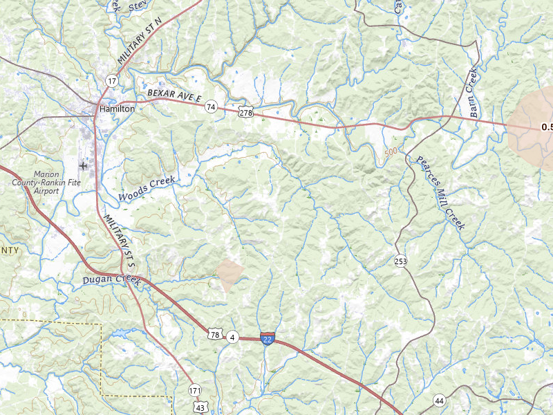Radar-estimated hail-size map of the storm over Guin, AL on Aug 8, 2026