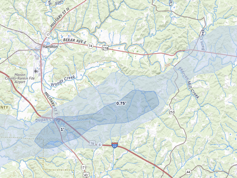 NEXRAD radar-signature map of the hail storm over Guin, AL on Aug 8, 2026