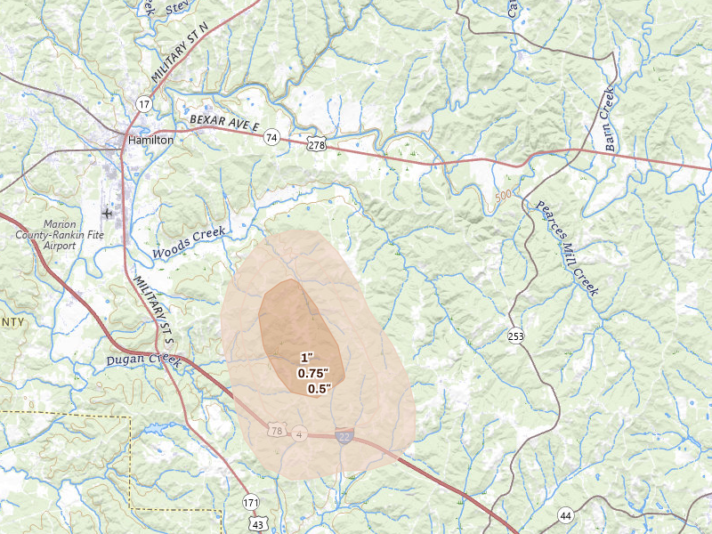 Radar-estimated hail-size map of the storm over Guin, AL