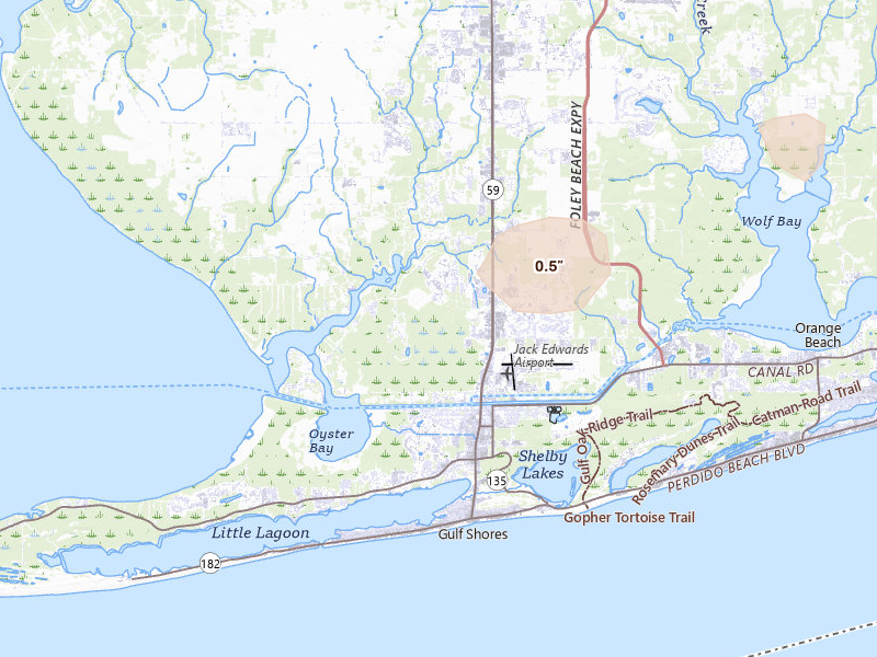 Radar-estimated hail-size map of the storm over Gulf Shores, AL on Mar 15, 2026