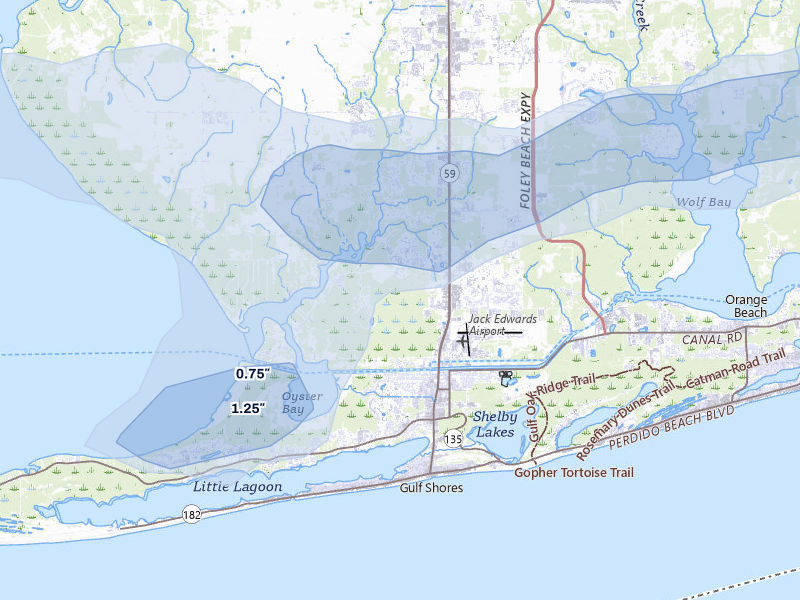 NEXRAD radar-signature map of the hail over Gulf Shores, AL