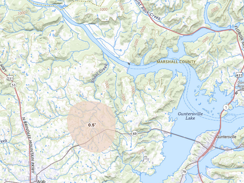 Radar-estimated hail-size map of the storm over Guntersville, AL on Jun 1, 2026