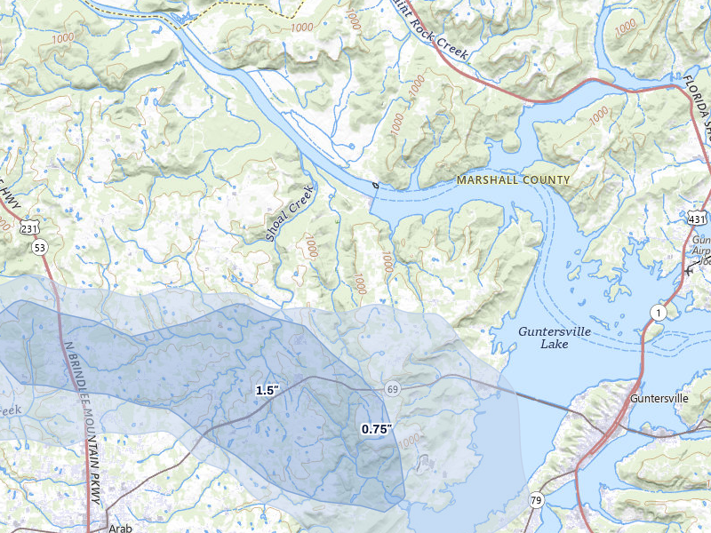 NEXRAD radar-signature map of the hail over Guntersville, AL