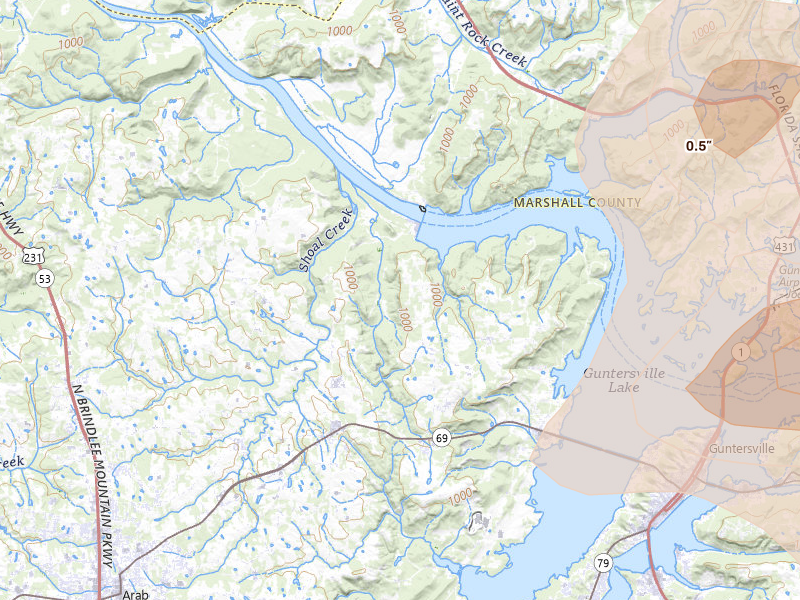 Radar-estimated hail-size map of the storm over Guntersville, AL on Jul 1, 2026