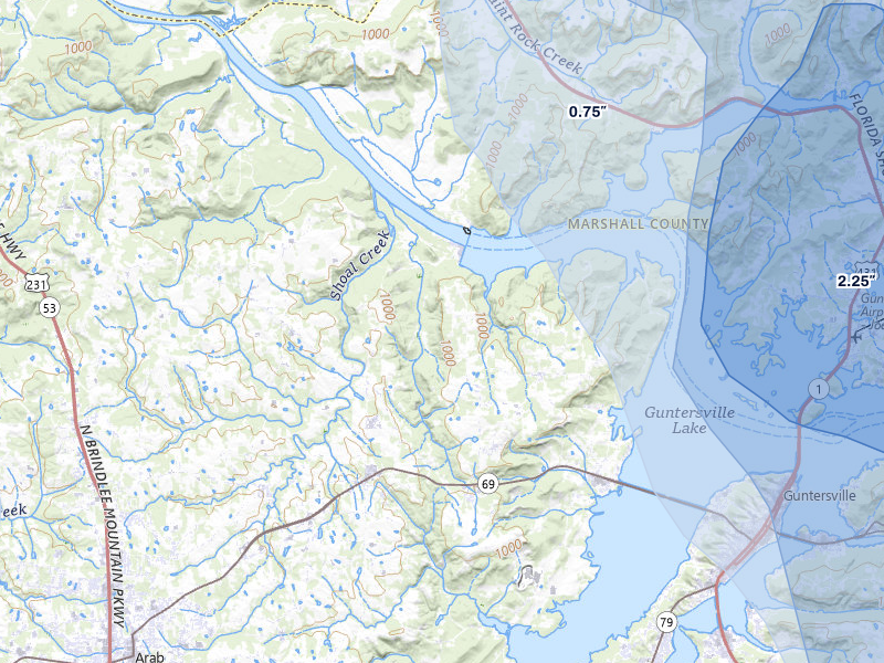 NEXRAD radar-signature map of the hail over Guntersville, AL