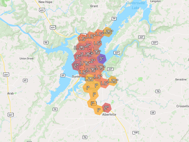 Hail map of Guntersville, AL on Jul 1, 2026, hail up to 3"