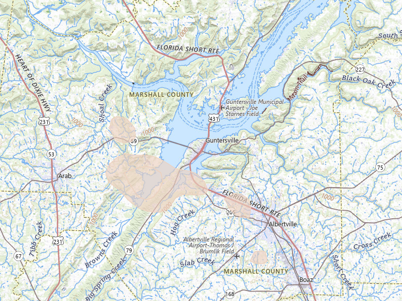 Radar-estimated hail-size map of the storm over Guntersville, AL on Aug 11, 2026