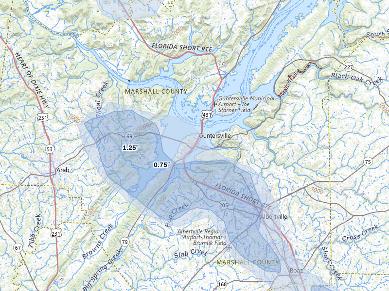 NEXRAD radar-signature map of the hail storm over Guntersville, AL on Aug 11, 2026