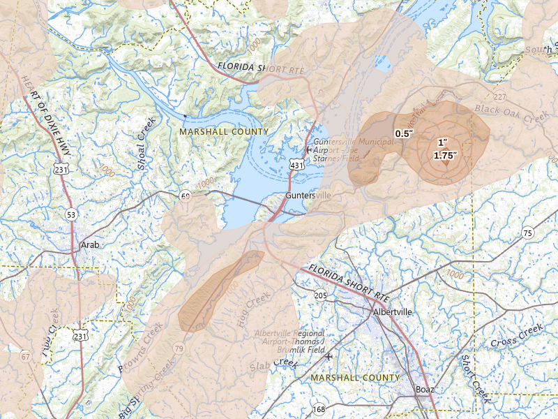 Radar-estimated hail-size map of the storm over Guntersville, AL on Aug 20, 2026