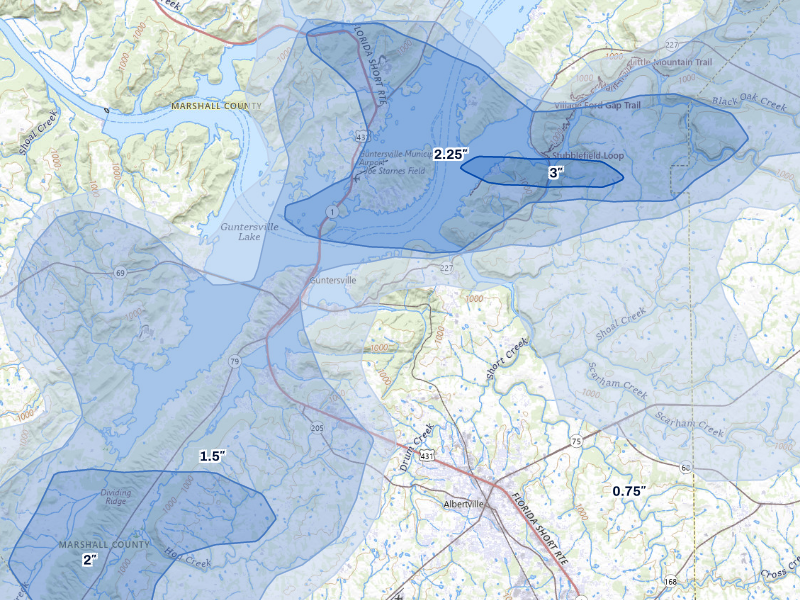 NEXRAD radar-signature map of the hail storm over Guntersville, AL on Aug 20, 2026
