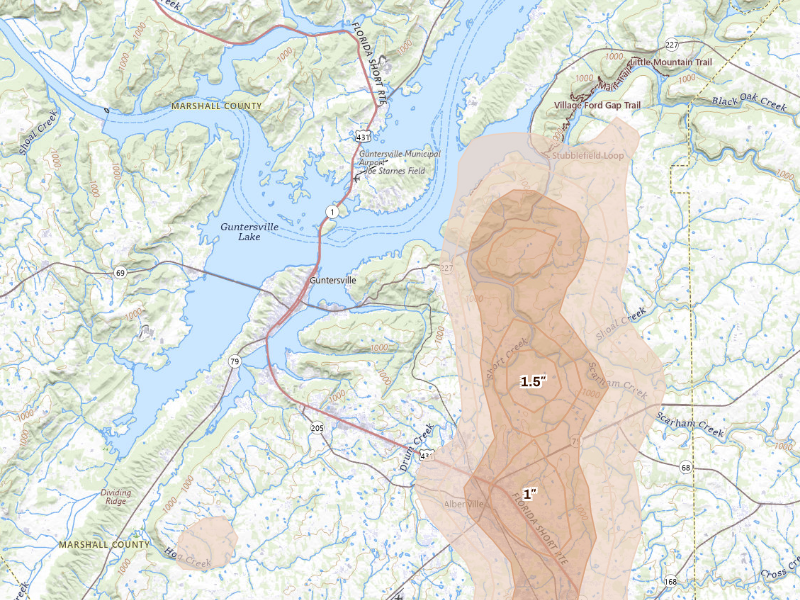 Radar-estimated hail-size map of the storm over Guntersville, AL