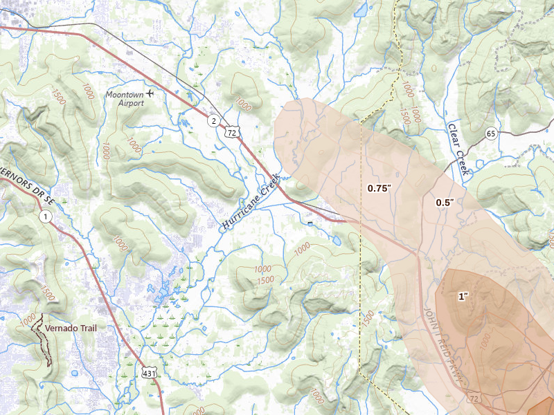 Radar-estimated hail-size map of the storm over Gurley, AL on Jun 1, 2026