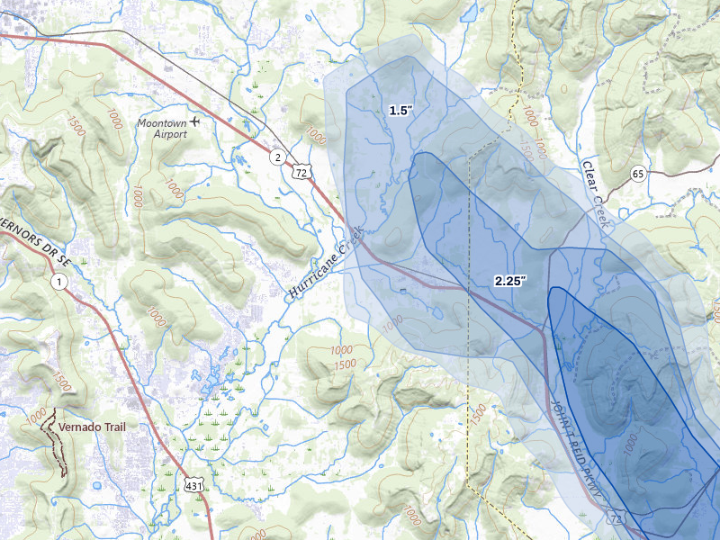 NEXRAD radar-signature map of the hail storm over Gurley, AL on Jun 1, 2026