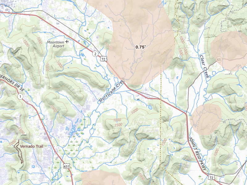 Radar-estimated hail-size map of the storm over Gurley, AL on Jul 3, 2026