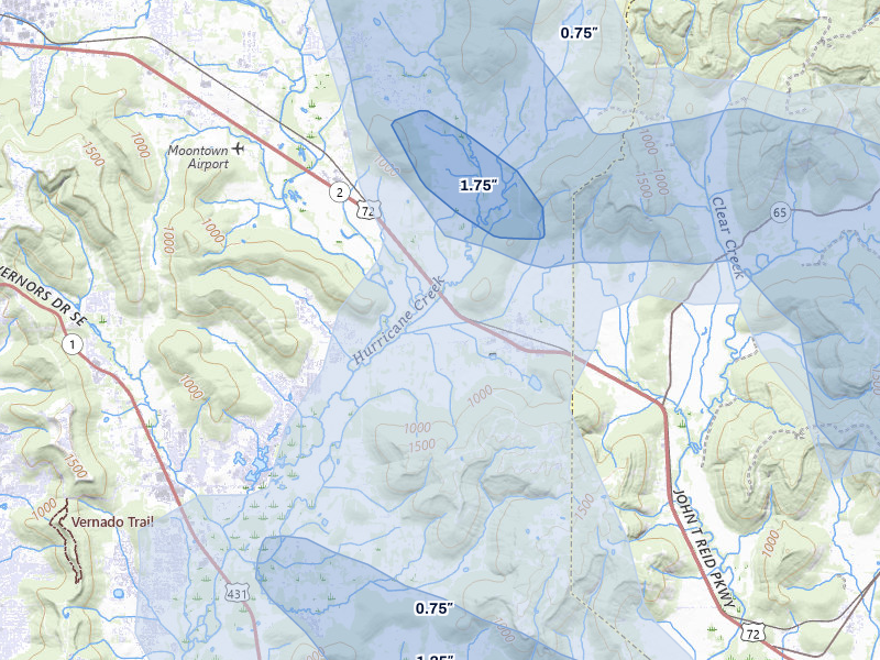 NEXRAD radar-signature map of the hail storm over Gurley, AL on Jul 3, 2026