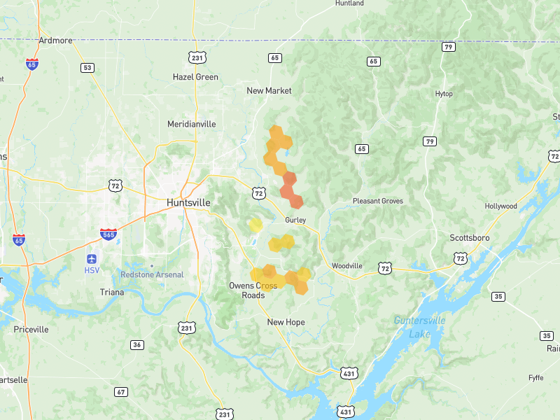 Hail map of Gurley, AL on Jul 3, 2026, hail up to 1.75"