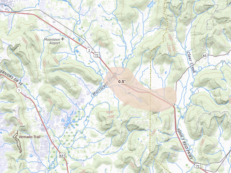 Radar-estimated hail-size map of the storm over Gurley, AL on Aug 11, 2026