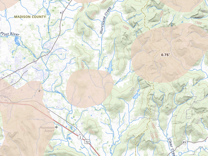 Radar-estimated hail-size map of the storm over Gurley, AL on Aug 20, 2026