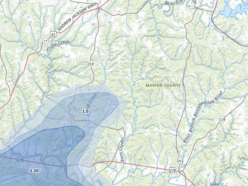 NEXRAD radar-signature map of the hail storm over Hackleburg, AL on Apr 28, 2026