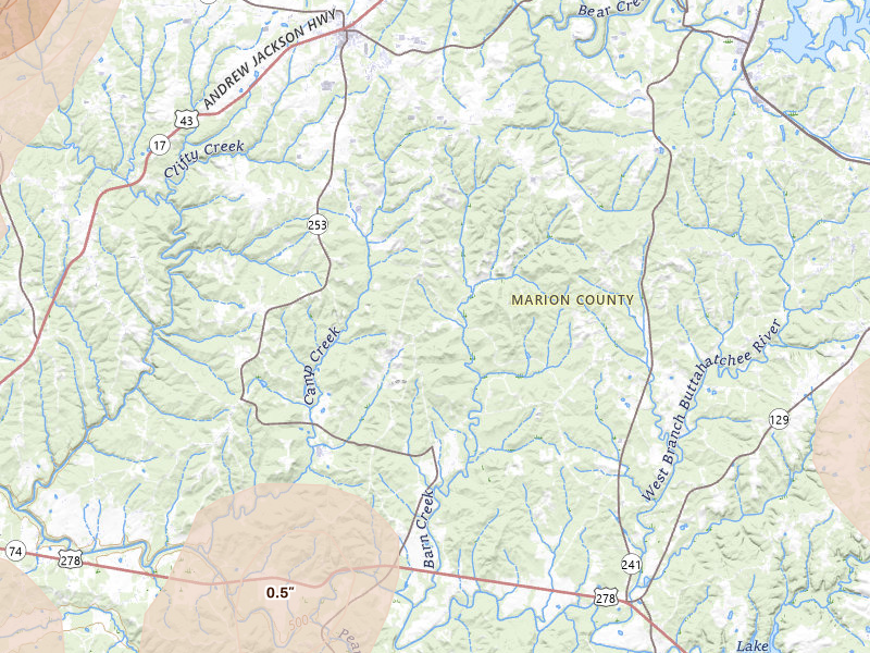 Radar-estimated hail-size map of the storm over Hackleburg, AL on Jul 1, 2026