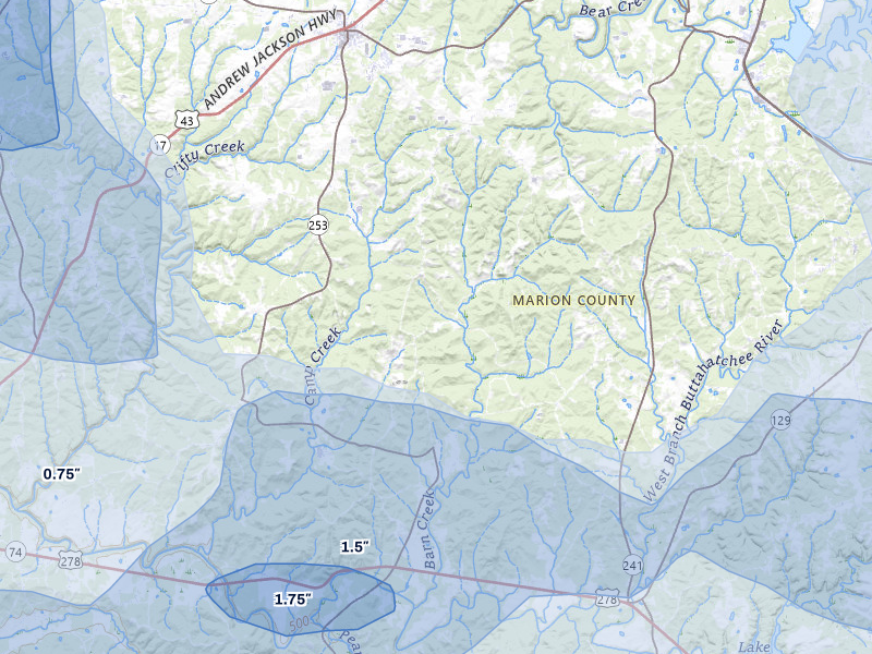 NEXRAD radar-signature map of the hail storm over Hackleburg, AL on Jul 1, 2026