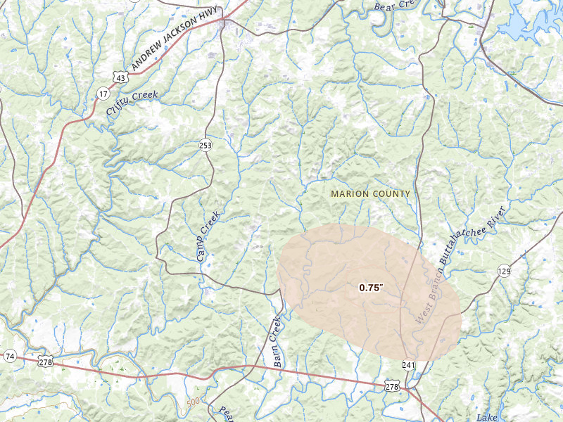 Radar-estimated hail-size map of the storm over Hackleburg, AL on Aug 22, 2026