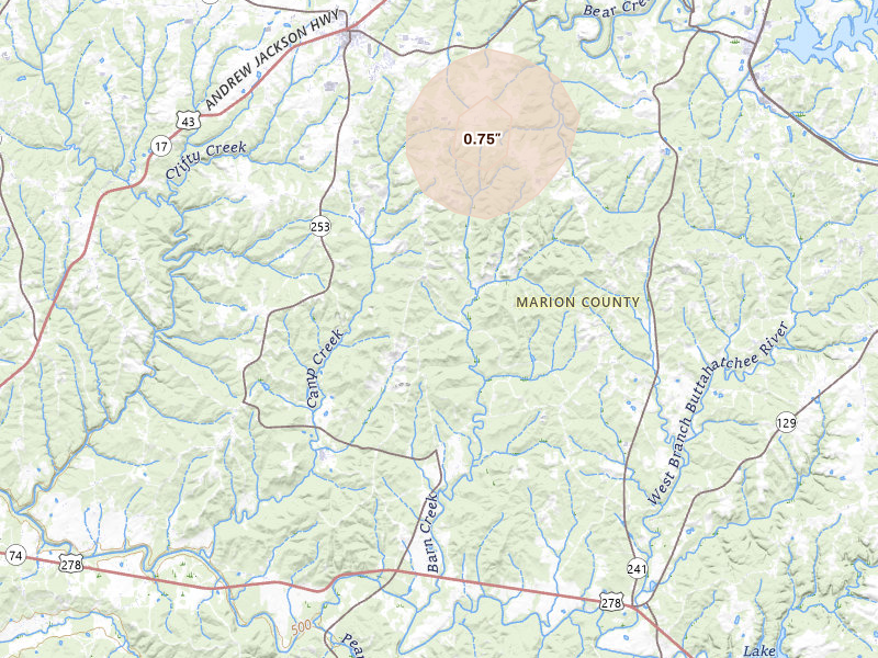 Radar-estimated hail-size map of the storm over Hackleburg, AL on Aug 26, 2026