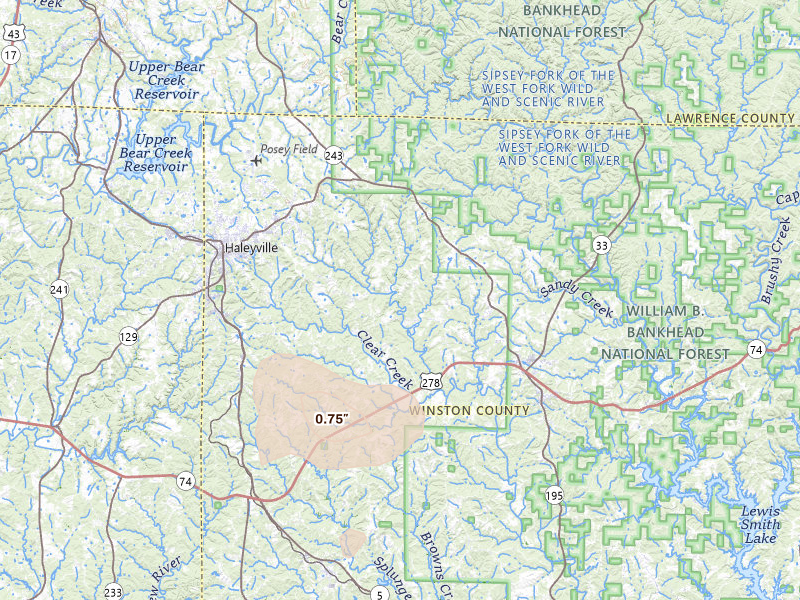 Radar-estimated hail-size map of the storm over Haleyville, AL on May 31, 2026