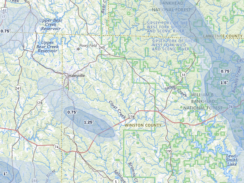 NEXRAD radar-signature map of the hail storm over Haleyville, AL on Jun 1, 2026