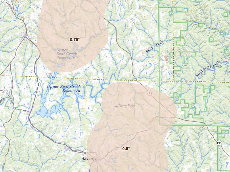 Radar-estimated hail-size map of the storm over Haleyville, AL on Jul 1, 2026
