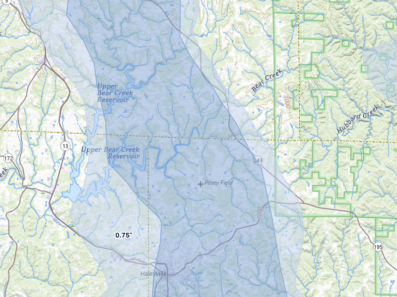 NEXRAD radar-signature map of the hail storm over Haleyville, AL on Jul 1, 2026
